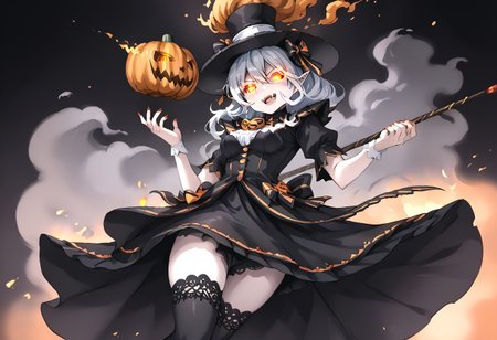 (masterpiece), (score_9, score_8_up, score_7_up,source_anime), 4K8K, 
(from below), misty, steam, fog, Floating Halloween pumpkins, 
halloween, halloween fantasy, 
pumpkin head woman, Sitting on a throne, (solo), (Glossy skin, pale skin:1.3),  (crossed arm, hold stick), burning pumpkin, (dark aura:1.4), (smirk, half-opened mouth, Canine, tooth, fang1.2), 
(medium figure:0.9), (pointy breasts:1.1), 
(glowing eyes), 
(wearing vampire cos, dress, makeup, red and black dress, Miniature Hats, zettai ryouiki, thighhighs:1.2), 
(emperor's audience room, dark room:1.3), elf ears,