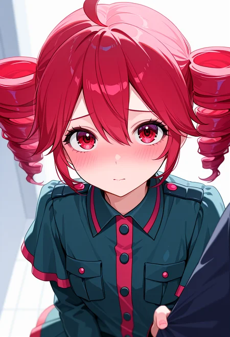 masterpiece, high quality, absurdres, 1girl, kasane teto, sleeve grab, grabbing another's sleeve, blush, looking at viewer,  <lora:sleeve_grabbing:0.7>