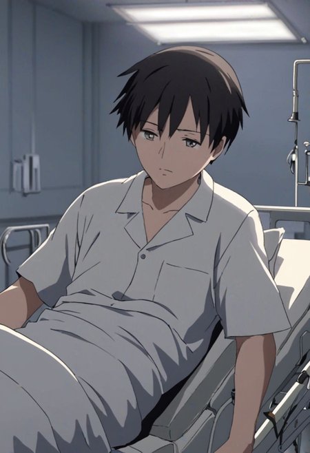Highres, Masterpiece, High Quality, 4K, 8K, solo, 1Boy, Takaki Toono, adult, black hair, short hair, inpatient room, supine, patient, soft light, hospital, medical furniture, sleep, pale, infusion, tired, sick, uncomfortable, easynegative, detailed_eye_model