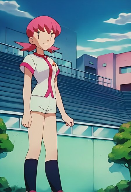 score_9,score_8_up,score_7_up,score_6_up, 
PKMNWhitney, 1girl, pink hair, short hair, bangs, twintails, pink eyes, eyelashes, white shirt, short sleeves, white shorts. short shorts, socks, shoes
standing, smiling, cityscape, trees, sky, buildings, clouds, sunlight, day, cowboy shot, close-up, solo, looking at viewer