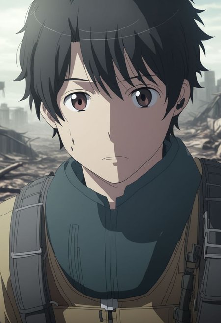 high resolution, solo, best quality, 1Boy, Inaho Kaizuka, Black Hair, Brown Eyes, shallow depth of field, Post-Apocalyptic, survival, OverallDetail
