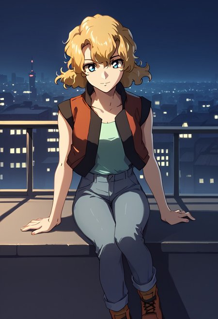 score_9, score_8_up, score_7_up,city view, 1 female,night view, moonlight,asagicaldwell, blue eyes, blonde hair, suspender vest, sleeveless shirt,shoes,sitting,pants