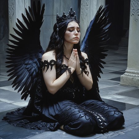 <lora:GothicDarkFantasyMovieSDXL:1> ArsMovieStill, Gothic Dark Fantasy movie still, The image shows a young woman with long dark hair and a crown of black feathers on her head. She is sitting on a stone floor with her hands clasped together in prayer. The woman is wearing a black dress with intricate lace detailing and her hair is styled in loose waves. The background is dark and ornate with columns and arches visible. The overall mood of the image is somber and contemplative., 1girl, solo, wings, long hair, praying, dress, black hair, black dress, own hands together, closed eyes