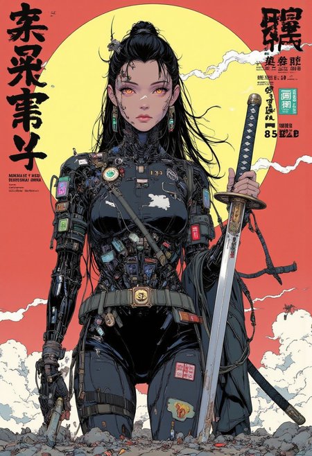 scifi, fantasy, masterpiece, best quality, great composition, Japanese Culture Style, Neo Photorealistic Art, Emotional Photos, 35mm film, Young Japanese Woman in skintight black ninja bodysuit, A Japanese sword is stuck into the ground, smoking, Japanese shrine background with a centered yellow circle, yellow sphere on the background