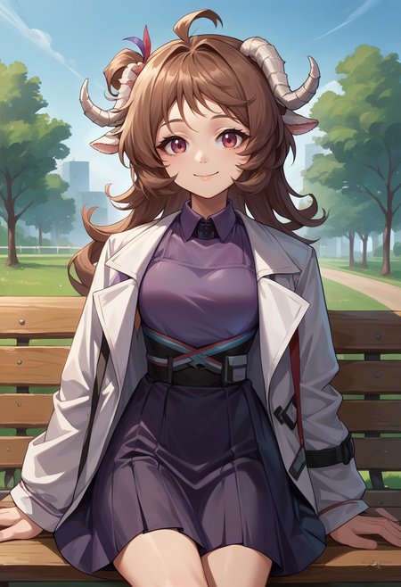 score_9, score_8_up, source_anime, 1girl, solo, EyjafjallaMedic, curled horns, ahoge, white coat, purple shirt, black skirt, black skirt, outdoors, on bench, smile, <lora:ChamPonyXLEyjafjalla:1>