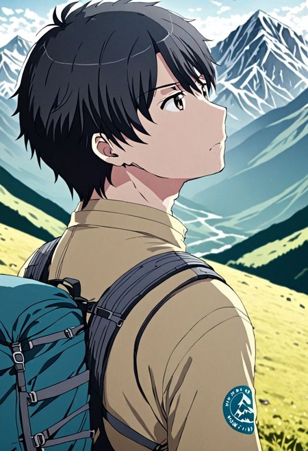 high resolution, solo, best quality, 1Boy, Inaho Kaizuka, Black Hair, landscape, looking away, high mountain, hiking gear, shallow depth of field, OverallDetail
