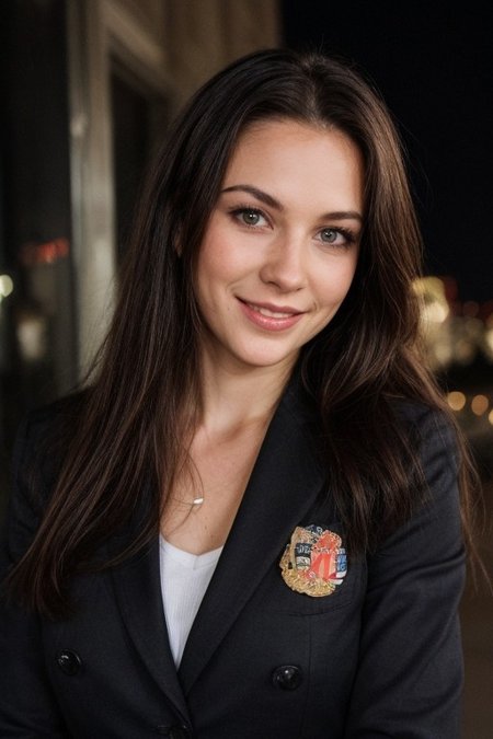 30yo American woman wearing bussiness suit with an American pin on chest.
Holding a flag.
Dark black smooth long hair ponytail. smiling.
Looking at camera.
Dynamic varying pose.
Outside bussiness. Night time,  
Night time, dark.