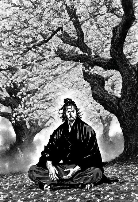 Vagabond, mid-shot of Miyamoto Musashi seated beneath a cherry blossom tree, hands lifted, fingers extended, petals falling around him, soft light.