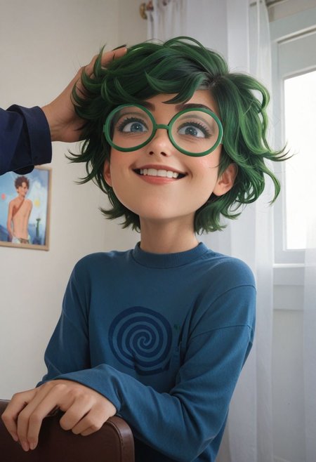 score_9, score_8_up, score_7_up, score_6_up, 
Photorealistic, real photo, void background, god rays, (young), adorable, ,realistic, cute perfect face, (happy, smug), blush, big round eyes, side portrait, dramatic light,
dramatic pose, dramatic angle, struggling, squirming, 13kartVaru,Varu, boy, green spiral glasses, green hair, 
blue sweater