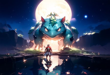 masterpiece, score_9, score_8_up, score_7_up, score_6_up, high contrast, detailed, low light, dramatic lighting, darkness, (water, reflection), intense shadows, super wide shot, cinematic, night, moon, nebula, stars, Bosstyle, giant Venusaur