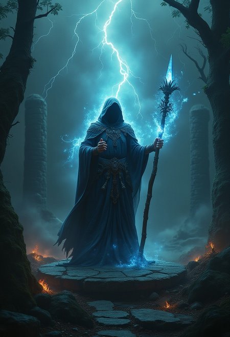 Abstract Lighting Effects, Hyperrealism, Midjourney Style, Photorealism, Cinematic, High Fidelity, Realism, Light Play,
cinematic film still Create a powerful fantasy scene featuring an ancient sorcerer. The sorcerer, draped in long, flowing robes adorned with arcane symbols, stands atop a stone platform in the middle of a mystical ruin. They hold a staff topped with a glowing crystal, casting a powerful spell that creates swirling magical energy around them. The ruins are surrounded by a dark, enchanted forest, with glimpses of strange creatures in the shadows. The sky is dark and stormy, with flashes of lightning illuminating the scene. The composition should exude a sense of ancient power and mystical intensity. photography, Natural geographic photo, Hyper-realistic, 16k resolution, (masterpiece, award winning artwork), many details, extreme detailed, full of details, Wide range of colors, high Dynamic,
