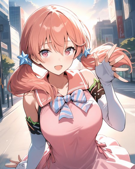 1girl, KitakamiFutabaDotLive, 
safe, solo, upper body,
looking at viewer, \:d,
star hair ornament,
pink sailor collar, striped bowtie,
pink dress, short dress,
sleeveless, 
see-through, black bra, large breasts,
elbow gloves, 
fingerless gloves,
denim shorts,
city, soft lighting,
<lora:kp_KitakamiFutabaDotLive2ndCostumeAnimagineXL_v1_1:1.0>,
masterpiece, high score, great score, absurdres