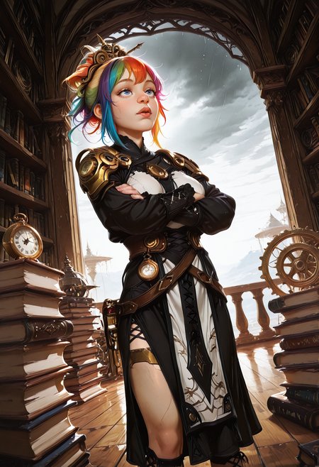 very awa, lineart, realistic, [sei shoujo], [yoshiten], style parody, [bang dream!], [arcane: league of legends], [league of legends], (dynamic angle:1.3), (cowboy shot:1.2) BREAK 1girl, solo, <lora:Gnome_Fantasy_DND_Warcraft:0.7> gnome woman, (short stature), shortstack, big eyes and ears, round ears, <lora:Big_Nose_Ladies:0.6> bignoselady, large nose, rainbow hair, sleek ponytail hair, blue eyes, (beige skin:1.2), thin body, medium breasts, perfect hands, colored lips, (amazed), BREAK artificer, wearing damask laced (detailed black fabric armor tabard), loose sleeves, lace trim, high waist skirt, flats, gear accessories, pocket watch,, <lora:steampunk:0.5> clockwork, magitech BREAK medieval, fantasy, indoors, luxurious library, wood floors, library, book stacks, standing, legs apart , crossed arms, summer, dawn, warm soft light, long shadows, grey sky, overcast, cloudy sky, heavy rain,, volumetric lighting BREAK <lora:Expression_Detailer_Illustrious_Lora:0.7> <lora:Lucid_Tides_Illustrious_v1:0.7> Lucid Tides, vibrant colors, high contrast, vivid imagery, <lora:BV_Style_Illu_Edition:0.8> BV-Illu