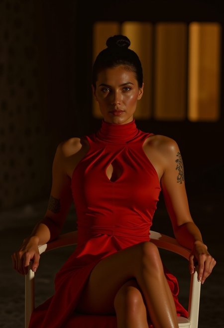 professional photo. cinematic style. masterpiece.
The front view is close, at eye level. This is a shot from a movie with a turkish woman with green eyes, sitting in a darkened environment, black hair in bun.  She is wearing a strict red tight-fitting dress with cleavage and a high collar to the middle of her thighs. charismatic tatoo on her left arm. Relaxed pose, bare arms, hands resting on the railing of the chair.  She crossed her legs. Feminine figure, wide hips. Perfect hands. She has a confident expression on her face and playful twinkles in her eyes, Looking at us. The chair she's sitting on is white. The overall atmosphere of the shot is seductive sophistication and cold passion, minimalism and clean lines. exquisite seduction. The frame of the film is made qualitatively, professionally, with a clear focus.(woman is brightly illuminated by soft artificial light). 
The background is made in a minimalist style, with a gradient of dark yellow tones, far behind in defocus is an illuminated wall of rectangular panels, which enhances the airy atmosphere of the scene and the depth of field. The overall composition looks cinematic.  Beautiful bokeh. Hollywood Cinematic Film style. 
(depth of field), Alyona