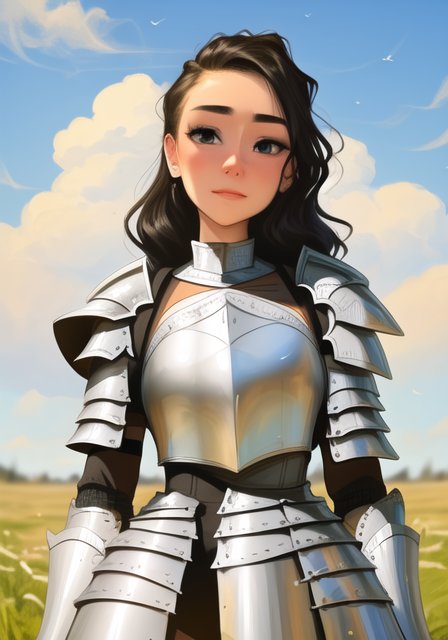 young woman, valkyrie armor, sky with clouds, art by sda_a3<hypernet:animeCharacter_smoAnythingV3:1>
