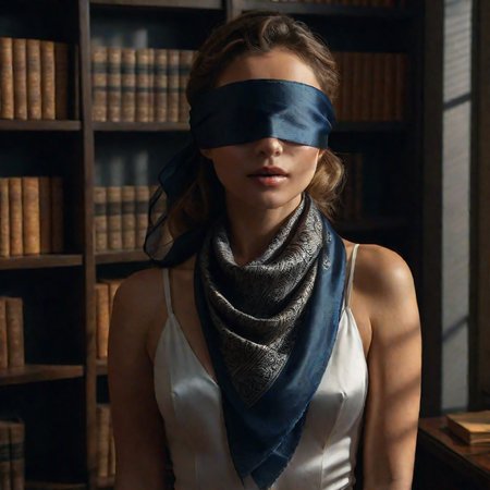 UHD, 4k, ultra detailed, cinematic, a photograph of 
A <lora:casting shadow style v3:0.7> casting shadow style  patterned illumination casting a window light shadow on a woman standing in front of a book shelf, dark, cinematic, film, filmic, satin_scarf_blindfold,casting shadow, different shadow, window casting shadow light, cinematography, detailed, detailed background, detailed face, high quality, 8k,
<lora:satin_scarf_blindfold:0.7>