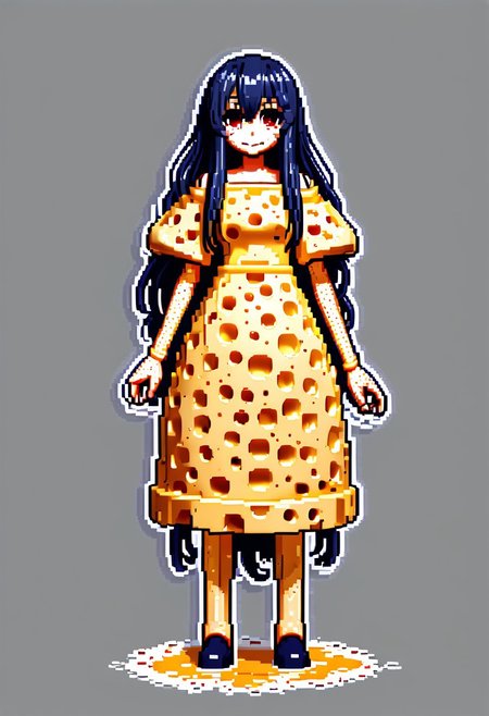 Cheese style, Pixel_Art, Robot Girl, long flowing black hair, dress made out of cheese, realistic skin, realistic anime style, paint splatter,