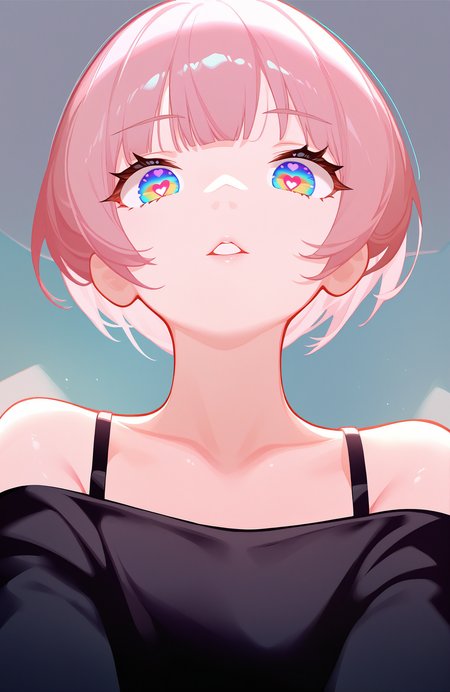 1girl, sensitive, looking at viewer, upper body, bare shoulders, collarbone, bra strap, parted lips, from below, multicolored eyes, aqua eyes, solo, pink hair, short hair, shirt, bangs, off-shoulder shirt, off shoulder, blue eyes, black shirt, rainbow eyes, heart-shaped pupils, looking down, chlenix, masterpiece, best quality, very awa, newest, absurdres, highres, <lora:ai_styles_collection_noob_vpred-1.0-v4.02:1.00>, <lora:ponyv5_noobV065S_1_adamW-000013:1.00>