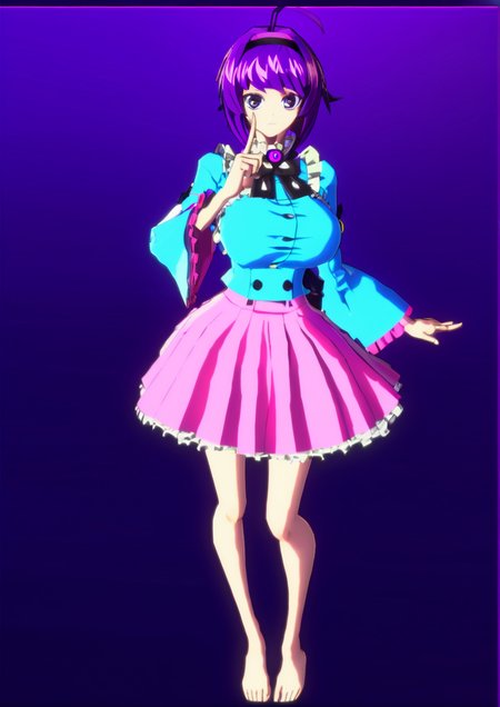 1girl, komeiji satori, huge breast, black hairband, blouse, blue shirt, breasts, buttons, closed mouth, dark background, expressionless, eyeball, feet out of frame, frilled shirt collar, frills, gradient background, grey background, hairband, hand up, heart, index finger raised, long sleeves, looking at viewer, pink skirt, purple eyes, purple hair, shirt, short hair, skirt, solo, standing, third eye, wide sleeves,  3d, zPDXL3<lora:DNF_Duel:1>