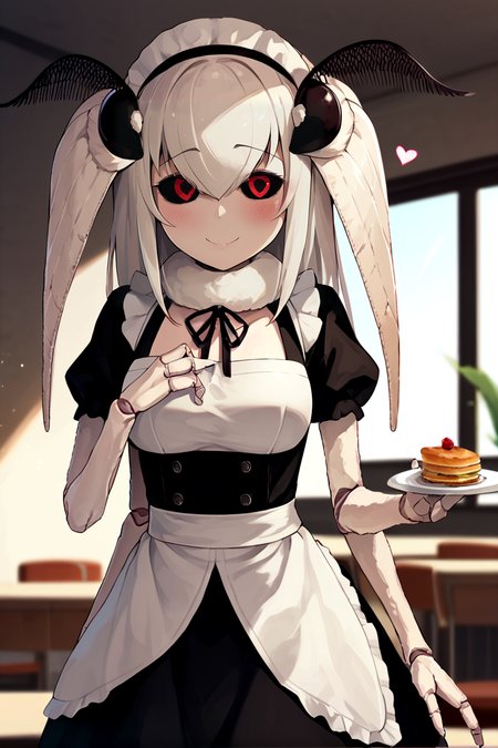 score_9, score_8_up, score_7_up, score_6_up, score_5_up, score_4_up, source_anime, mashiro, cowboy shot, bedroom eyes, red eyes, black sclera, 3 fingers, 4 arms, joints,
white hair, ((long hair)), maid, puffy short sleeves,
BREAK cafe, light rays, subsurface scattering, blush, happy, <3,
<lora:mashiro:1>