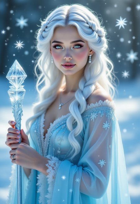 pinkhidreamfantasy, A woman with snow-white hair styled into elaborate braids, her icy blue gown covered in frost-like embroidery. She holds a crystalline staff, from which delicate snowflakes fall even in the absence of wind. The air around her shimmers with a cold, ethereal light, as if time itself is frozen.