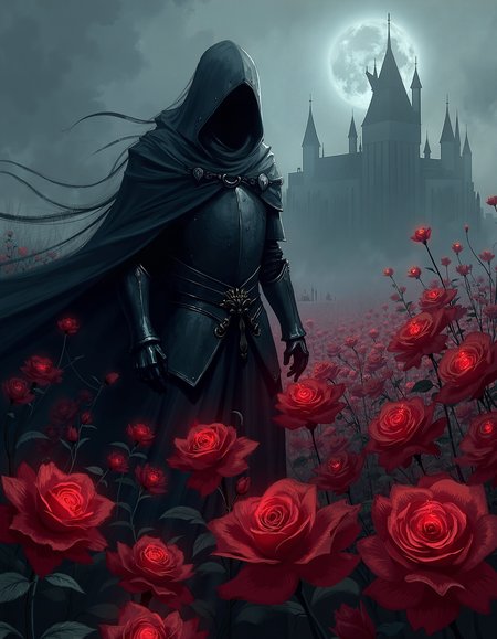 A hauntingly beautiful, dark fantasy scene: a mysterious knight in black, hooded armor stands amidst a sea of blood-red roses. His face is shrouded in shadows, and his cloak billows behind him like a dark cloud. The roses seem to glow with an otherworldly light, casting an eerie, mystical ambiance. Background: a foreboding, gothic castle looms in the distance. Medium: oil painting. Style: dramatic, atmospheric fantasy, illustration. in the style of umesky<lora:UmeSky.safetensors:0.6:0.6>