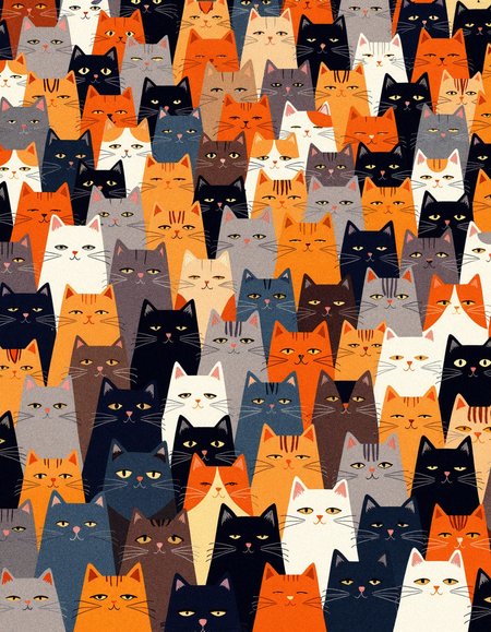 An intricate and vibrant illustration of a massive crowd of cats, filling the entire frame with no visible background. Each cat is depicted with unique fur patterns, colors, and expressions, showcasing a wide variety of breeds. 

The color palette features warm tones of orange, white, gray, black, and blue, creating a harmonious yet dynamic visual. 

The cats are arranged in a dense, non-symmetrical pattern, with each individual distinct yet blending seamlessly into the collective. 

The lighting is soft and even, highlighting the rich textures of the fur and the individuality of each cat. The overall style is realistic with meticulous attention to detail, giving a sense of warmth and liveliness to the composition.