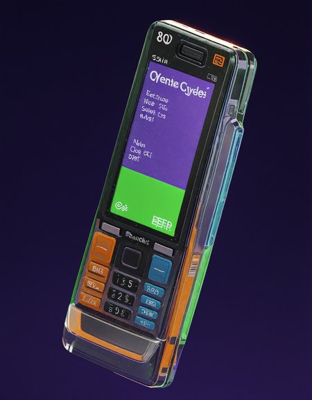 3d render, product render, 90s phone, tilted, transparent plastic, lcd screen, orange green blue, close up, hard surface modeling, cycles, dark purple background <lora:3d-render-v2:1>