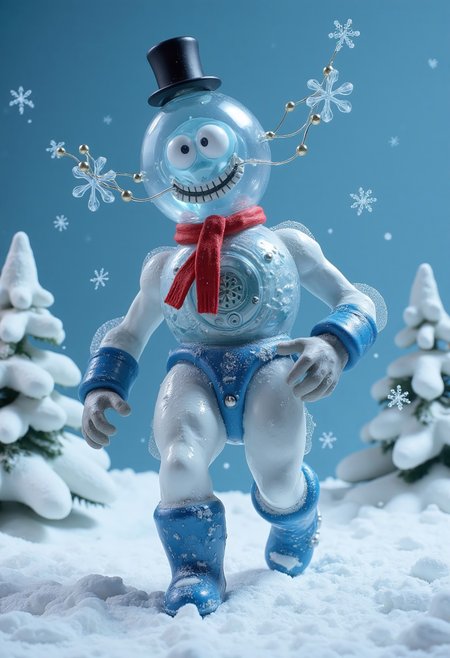claymation animation of 4byss,Create a portrait of a powerful, biomechanical snowman with a translucent, snow-inspired head, claymation, walking, made out of iridescent jelly, body covered in white and blue powdered snow, black top hat, red scarf, head glows subtly with blue and white hues, and small neural fibers are visible within, pulsing with light. The creatures body is a mix of muscular, synthetic flesh and integrated mechanical components, with a fluffy and snow finish in bold blue and white. Delicate cables connect the head to the body, biomechanical snowflakes that softly radiate cyan. Against a winter wonderland background, the contrasting colors and polished surfaces highlight the futuristic and Snowman aesthetics of this alien-inspired design