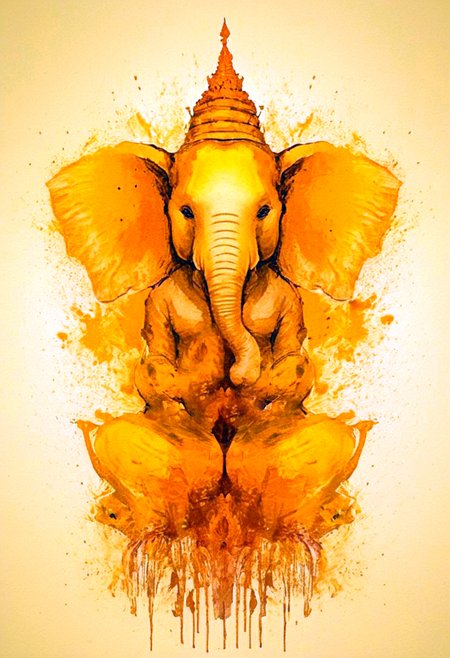 A rorschach-test resembling symmetrical god elephant
Ganesha  with tusks and trunk, happy mood trigger, dark Amber and golden translucent ink splashes