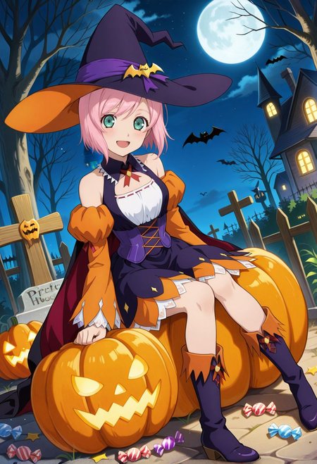 detailed eyes, beautiful, detailed background, perfect eyes,
source_anime, very aesthetic, anime coloring, masterpiece, official art,
<lora:HandFineTuning_XL:1>
BREAK,
night, Halloween, haunted house, outdoor, grave, candies,
sitting, dynamic angle, full body, open smile, blush,
BREAK,
<lora:estelleX_illustriousXL_v03:0.9>
estellernd, estellehlw, pink hair, short hair, green eyes, bangs, 
witch hat, 
bare shoulders, orange detached sleeves, purple dress, breast cutout, halloween costume,
purple footwear,