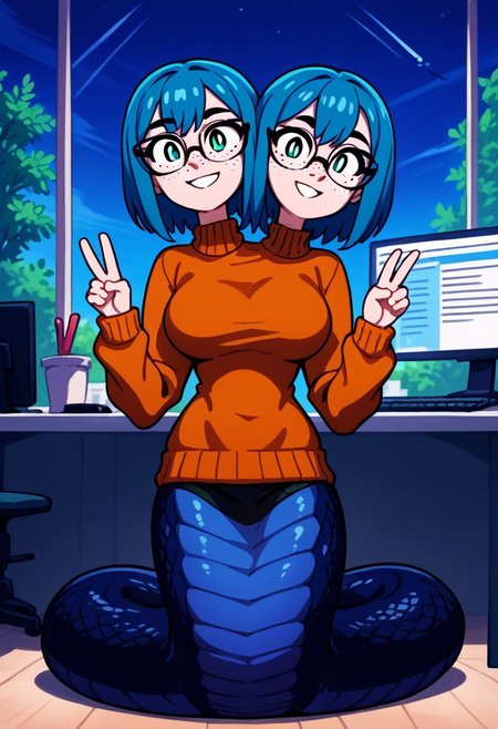 score_9_up, score_8_up, score_7_up, source_anime, blue hair, short hair, glasses, orange sweater, shorter female <lora:Mina_Beff:1>, double v sign, kneeling, office girl, monster girl with twoheads, medium hair, freckles, 2heads, extra arms, serpentine, outdoors, in a cubicle, office, stationery, trees, black scales, computer, <lora:lowlight:.5>, night, Lam1a:2, scales, snake tail, lamia, (((black snake)))