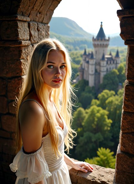 Photograph of a young woman with long blonde hair. She is standing in front of a stone wall with an archway, looking out at the horizon. The woman is wearing a white dress with a plunging neckline and her hair is styled in loose waves. She has a serious expression on her face and is looking directly at the camera. The background is blurred, but it appears to be a beautiful landscape with trees and mountains. The lighting is soft and warm, creating a dreamy atmosphere. <lora:add-detail-xl:.5>  <lora:Flux-style-xl-lora:.5>