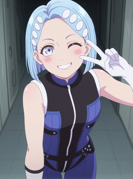 masterpiece, best quality, amazing quality, very aesthetic, absurdres, newest,  anime screenshot,  anime coloring,  <lora:KomachiAizomeBlue:1>komachiaizomeblue, blue hair, 1girl, short hair, solo, hair ornament, gloves, sleeveless, white gloves, bodysuit,  v_sign wink smile,