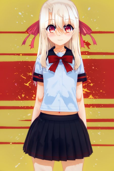 score_9, score_8_up, score_8, medium breasts, (curvy), cute, eyelashes,       BREAK, , BREAK, illyasviel von einzbern, 1girl, solo, red eyes, white hair, long hair, red eyes, skirt, shirt, ribbon, school uniform, white shirt, short sleeves, black skirt, homurahara academy school uniform, <lora:PrismaIllya_PDXL_v3:0.8>, <lora:Koikatsu_PDXL:1.0>, , BREAK,  smile, looking at viewer, cowboy shot,  embedding:zPDXL, Expressiveh, <lora:SDXLFaeTastic2400:0.5>,  <lora:Expressive_H-000001:0.4>,
