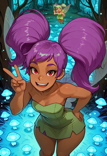 masterpiece, best quality, solo, curvy, beautiful eyes,  wide hips, narrow waist,  zzEntrapta, red eyes, big hair, long hair, purple hair, twintails, dark skin,   hand on hip, (foreshortening, from above, dynamic angle, V, :D, teeth), (portrait),   ,       <lora:EntraptaShera_IXL:0.8>, ,smile, looking at viewer,  ClassicTinker, green dress, strapless dress, bare shoulders, fairy, fairy wings, forest, glowing mushrooms, sparkling lights, magical atmosphere, floating, (leaning forward, foreshortening). She flutters above a misty forest clearing, her green strapless dress shimmering under the moonlight. Tiny sparkling lights swirl around her fairy wings as she hovers weightlessly, her green eyes wide with wonder and her side ponytail brushing against the glowing mushrooms below,  <lora:ClassicTinkerBellIllustrious:1.0>,  <lora:ZankuroIXLLight_v2:0.4>,