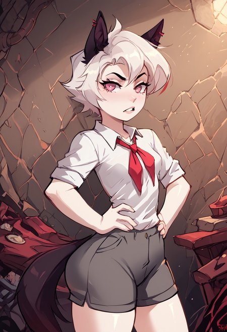 score_4_up, score_6_up, score_9, score_8_up, score_7_up, 1girl, small breasts, big ass. ONLY ONE FEMALE.
Yiffany (Yiffy), white skin, white hair, short hair, black wolf ears, pink eyes, black wolf tail, white shirt, red tie, grey shorts, red piercing, standing, kuudere expression, hands in hips,
Expressiveh, masterpiece, easynegative, high_quality, high_definition, 8k, verybadimagenegative_v1.3. <lora:add-detail-xl:0>, <lora:Expressive_H:1>, <lora:WildcardX-XL-Detail-Enhancer:1>, <lora:DetailedEyes_last:1>, <lora:Squeezer2:1>, EyesHD, Skin indention. 
very detailed, very detailed, high detailed texture, cinematic illumination, volumetric lighting sexy, pressured, (color photo):