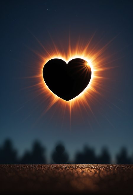 (masterpiece), (best quality), Heart shaped solar eclipse, masterful composition, dynamic volumetric lighting, realistic  ray_tracing, reflection, hyperrealistic, shallow depth of field, f/2.4, bokeh,