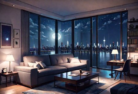 ((front view)), Shallow scene, ((animation style)), modern-style interior, with white walls, (large windows), a  study, Sofa, coffee table, bookcase, single wall, (gloomy room), Turn off the indoor lights and turn on only the desk lamp, quiet and mysterious night sky, starry sky, moonlight, city night view, (City high-rise building scenery), (City scenery outside the window)