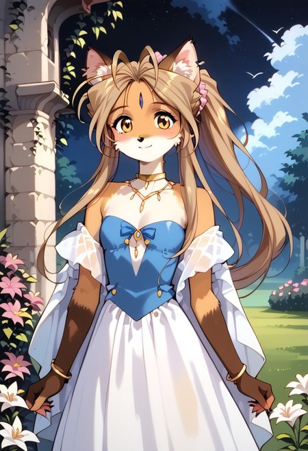 masterpiece, best quality, very detailed,score_9, score_8_up, score_7_up, source_anime, 1girl, solo, looking at viewer, Belldandy, Belldandy as a fox, long fox ears, with ear fluff, animal nose, dirty blonde hair color,long hair, fox tail, golden eyes, with cheek fluff, round face, (hand pose, standing:1.2), adorable, youthful appearance, cute bodytype, small body, petite body, flat chest, cute, toon, petite, small, cute, toon, petite, small, cute petite, small torso, petite, looking at viewer, flirty facial expression, dress, jewelry, earrings, bracelet, cleavage, blue dress, white dress, fingerless gloves, dethatched wings, dethatched angel wings, choker, collarbone, bare shoulders, gold choker, strapless, shawl, gold trim, wind lift, outdoors, garden, low light, dramatic lighting, night, bush, large stone castle in background, contrapposto, legs apart, standing, hip focus, cowboy shot, grass, flower, pink flower, light smile, closed mouth, stain remover, hair ornament, flower, lily, solo, haplogroup D1a1a1, high quality, masterpiece, portrait, Hmong, Expressive,  retro art style, Vintage, 1990s \(style\) (female anthro: 1.2), <Anthro Fox Lora for Pony:0.6>, <lora:princess_xl_v2:0.75 > <lora:OldAnimeStyle_XL_v3:0.5> <lora:Expressive_H:1>
