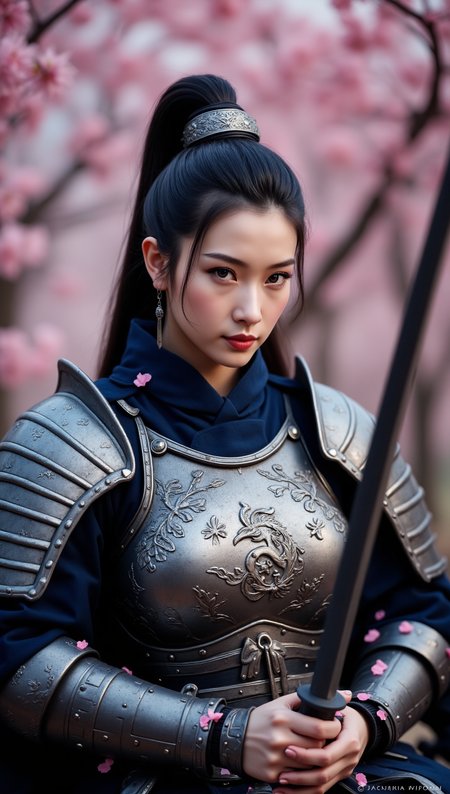 Candid, low-angle dusk shot of a photorealistic East Asian woman with pale skin, stormy silver eyes, and long obsidian hair tied in an ornate topknot, standing silently beneath blooming cherry blossoms. She wears moonsteel lamellar armor with curved plates hugging her full chest, etched with tidal waves and mythic koi. Her posture is poised but calm, one hand resting lightly on her hip. Fallen petals cling to her pauldrons and hair. The world is still, holding its breath.
Tags: photorealistic, moonsteel armor, sakura grove, cherry blossom petals, elegant duelist, lamellar detail, calm tension, candid samurai fantasy















fmlas-mk.1