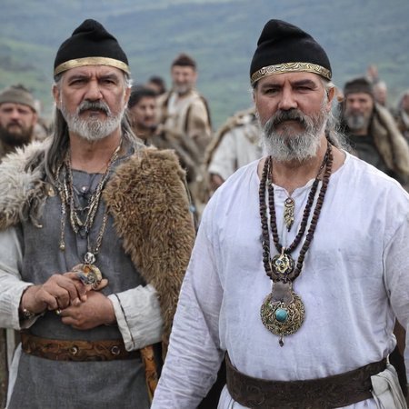 dacian warrior, phrygian cap, long hair, hat, holding, jewelry, grey hair, male focus, earrings, multiple boys, 2boys, necklace, blurry, blurry background, facial hair, ring, beard, realistic, mustache , ImgFixerPre0.3<lora:dacii:1>