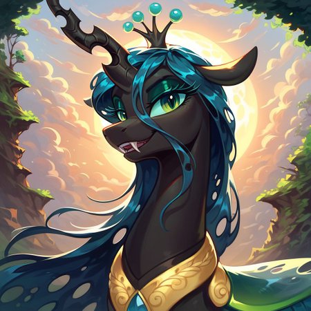 masterpiece, score_9, score_8_up, score_7_up, (best quality:1.1), ultra-detailed, high resolution, 1character,  Queen chrysalis, (((beautiful detailed eyes))), Long eyelashes, Looking At Viewer, Highly Visible, (((8k))), Changeling, feral, MLP, G4,  from Equestria at War, female, portrait of a leader, Queen of the Changeling Lands, royal militaristic ruler's outfit, sharp focus, perfect lighting, beautiful eyes, detailed outfit, long eyelashes, anatomically correct, extremely detailed, (the mountain and the sea), shine on body, high detail, evil face, predatory smile, Expressiveh, detailed background, OverallDetail, zPDXL2