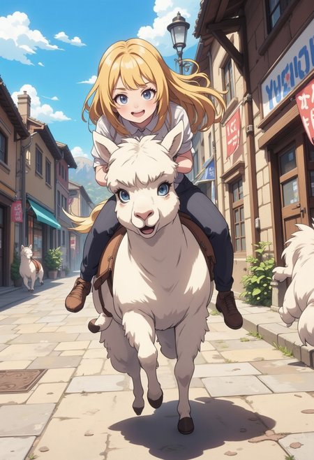 A detailed colorful anime illustration. A young girl with blonde long hair. She is  laughing and screaming while ridding an alpaca. The alpaca is running and struggling with an astonished and surprised expression. The alpaca is jumping, sending the girl flying in the air and almost thrown out. It is a sunny day, they are running in a European styled old town.  fca_style