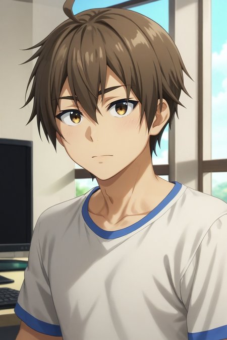 score_9, score_8_up, score_7_up, , rating_safe, , (photorealistic:0.6), , , 1boy, solo, male focus, <lora:hideki_nishimura_pony:0.8>, hideki_nishimura, brown hair, brown eyes, short hair, hair between eyes, ahoge, upper body, bedroom, computer monitor, day, clouds, villain pose, squinting, , <lora:sdxl_lightning_8step_lora:1>