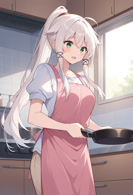 1girl, solo, anceriseshirokami, white hair, long hair, high ponytail, ahoge, hair flaps, sidelocks, hair ornament, green eyes, white shirt, puffy short sleeves, pink apron, beige pants, indoors, kitchen, holding frying pan, open mouth, cowboy shot,
