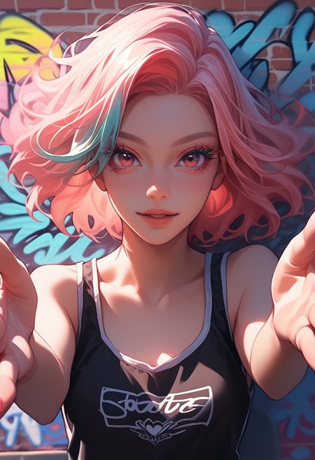 score_9, score_8_up, score_7_up, y0tt4, 1girl, solo, long eyelashes, tank top, pastel hair, graffiti, (reaching for viewer, front view)