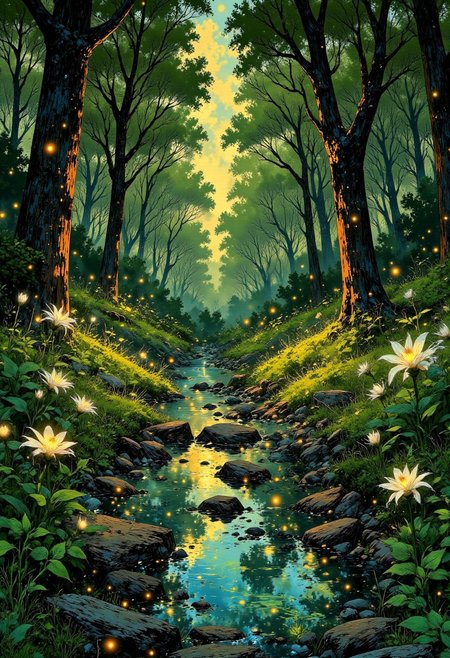 The Silverwood Maze – Ancient Trees & Eternal Spring
"A sprawling labyrinth formed from towering silver-barked trees, their branches entwined to create shifting pathways through a never-ending forest. Golden sunlight filters through the leaves, casting dappled patterns onto the moss-covered ground. Flowers bloom and vanish in soft pulses, revealing hidden trails only when kindness is spoken aloud. Birds with feathers made of soft light flit between the trees, their songs unlocking hidden paths."