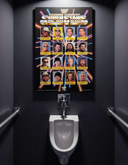 A 1980s 3D WWF Superstars roster poster, featuring the ugliest and most disturbing wrestlers in history, hanging on the wall above a urinal.  glow effects, godrays, Hand drawn, render, 8k, cinema 4d, dark, atmospheric 4k ultra detailed, cinematic, Sharp focus, big depth of field, Masterpiece, colors, 3d octane render, 4k, concept art, hyperrealistic, Vivid colors, extremely detailed wallpaper, Intricate, High Detail, dramatic
