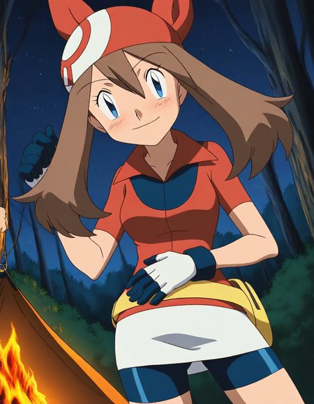 score_9, score_8_up, score_7_up, source_anime, <lora:pokemon-may-anime-illustrious-lora-nochekaiser:1>, pokemonmay, 1girl, may (pokemon), blue eyes, brown hair, bandana, long hair, red bandana, twintails, hair between eyes,, bike shorts, collared shirt, gloves, microskirt, multicolored shirt, pencil skirt, red shirt, shirt, short sleeves, skirt, white skirt,, camping, bonfire, tent, stargazing, marshmallows, forest clearing, night, smile, looking at viewer, hand on stomach, blush,, solo,, cowboy shot, dutch angle, solo